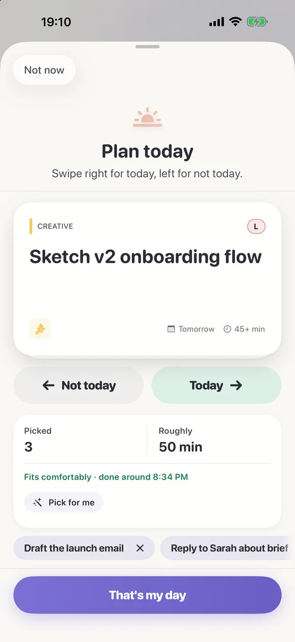 FocusDrop's Plan today sheet: a task card with Not today and Today, a count of what you've picked and how long it adds up to.